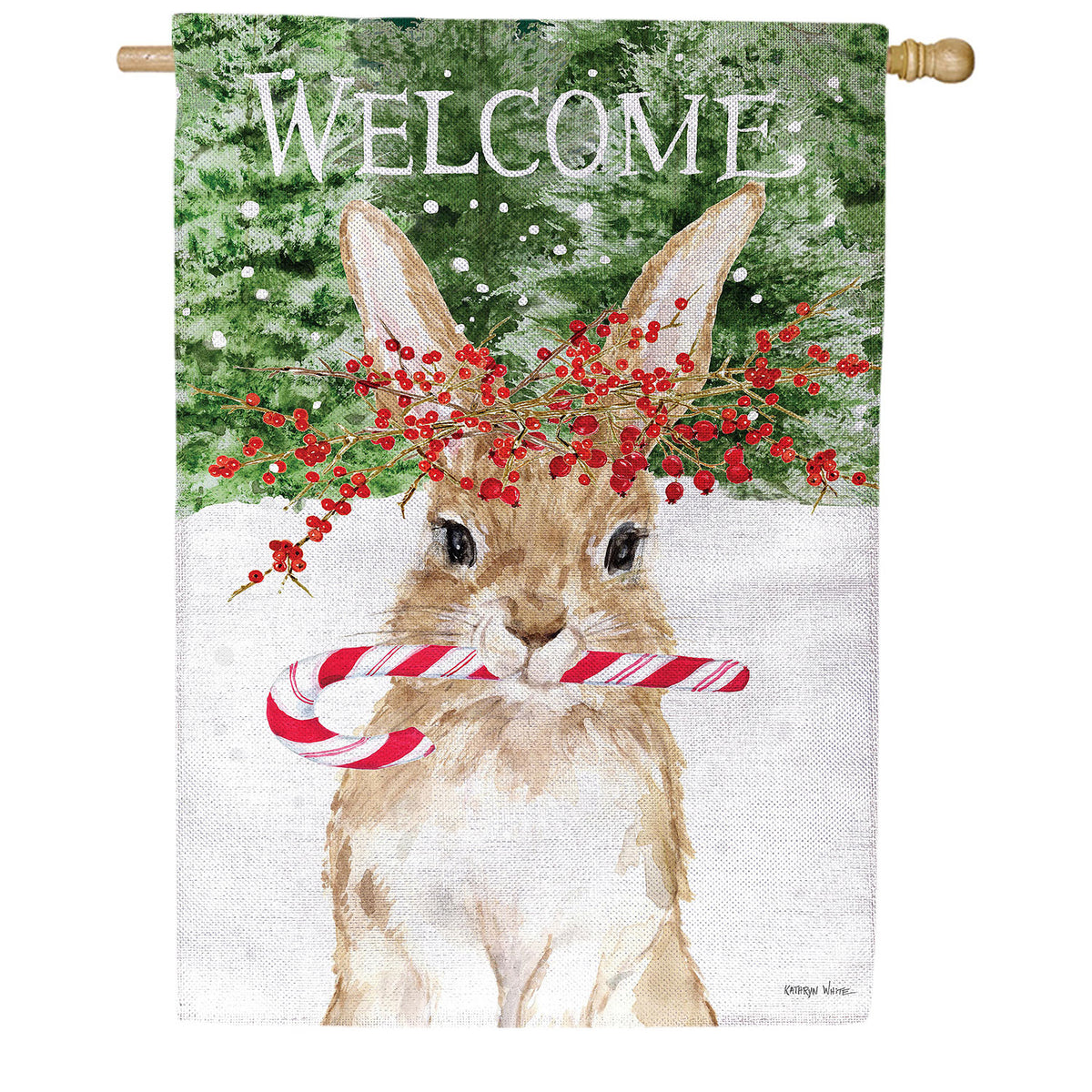 Evergreen Candy Cane Rabbit Burlap House Flag