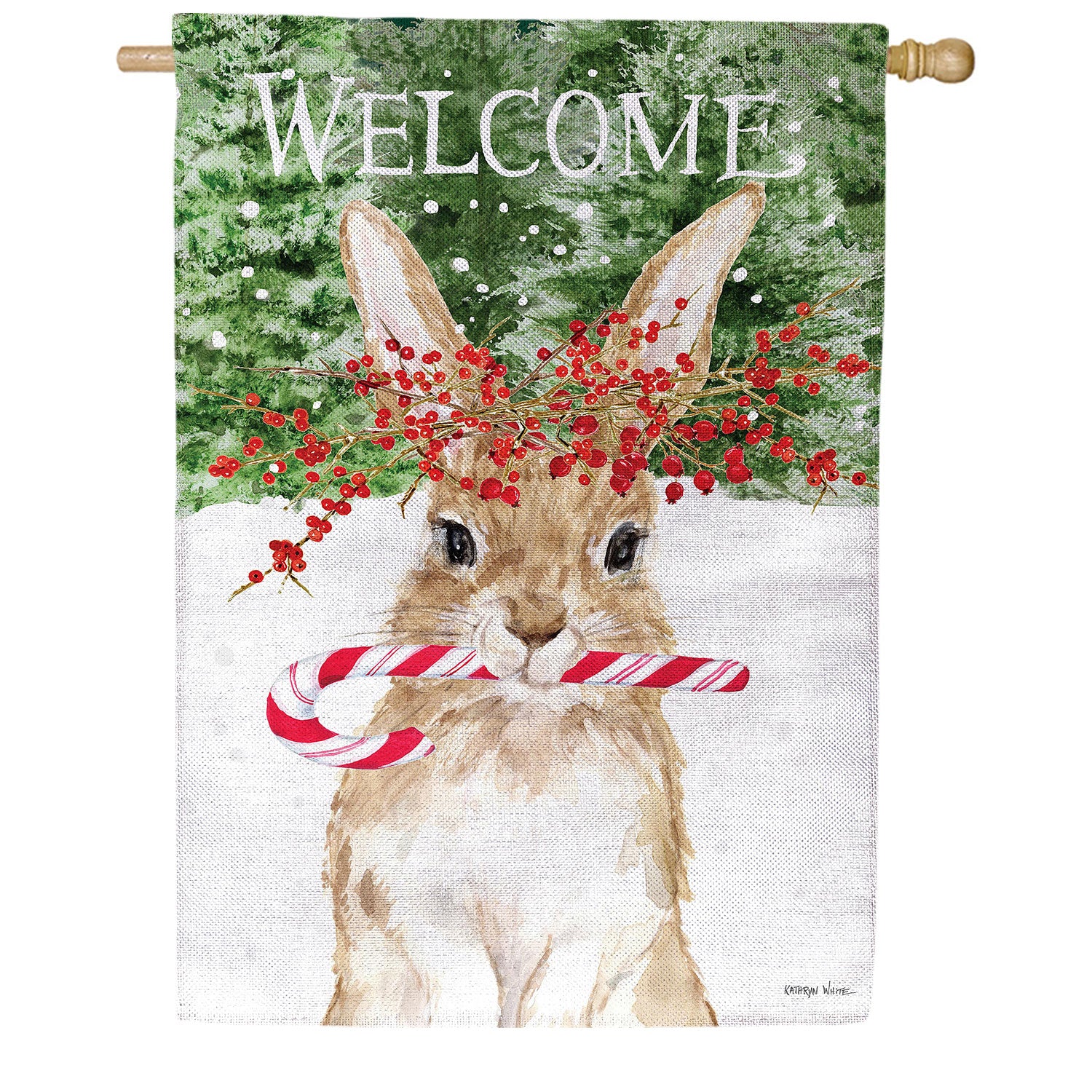 Evergreen Candy Cane Rabbit Burlap House Flag