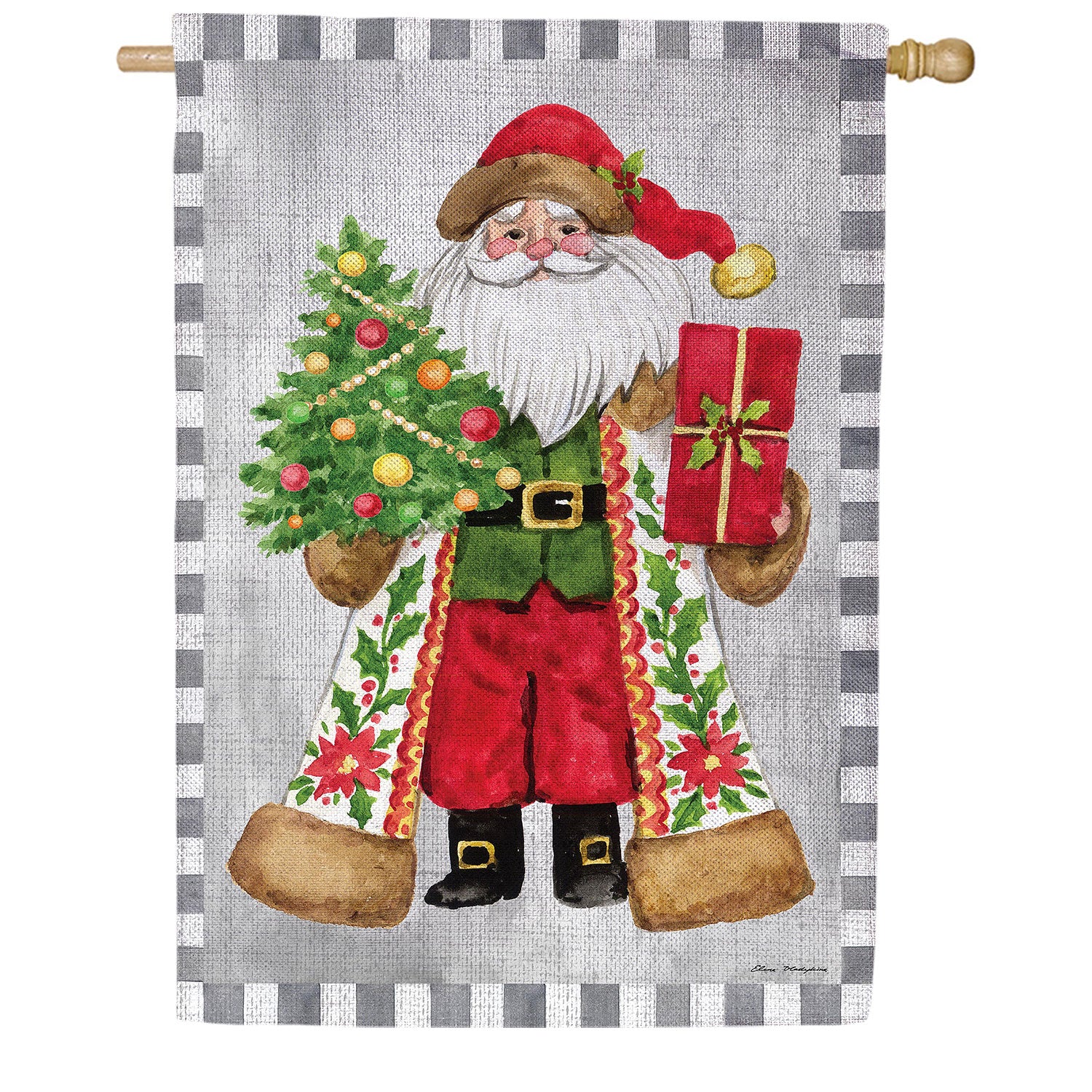 Evergreen Festive Santa Burlap House Flag