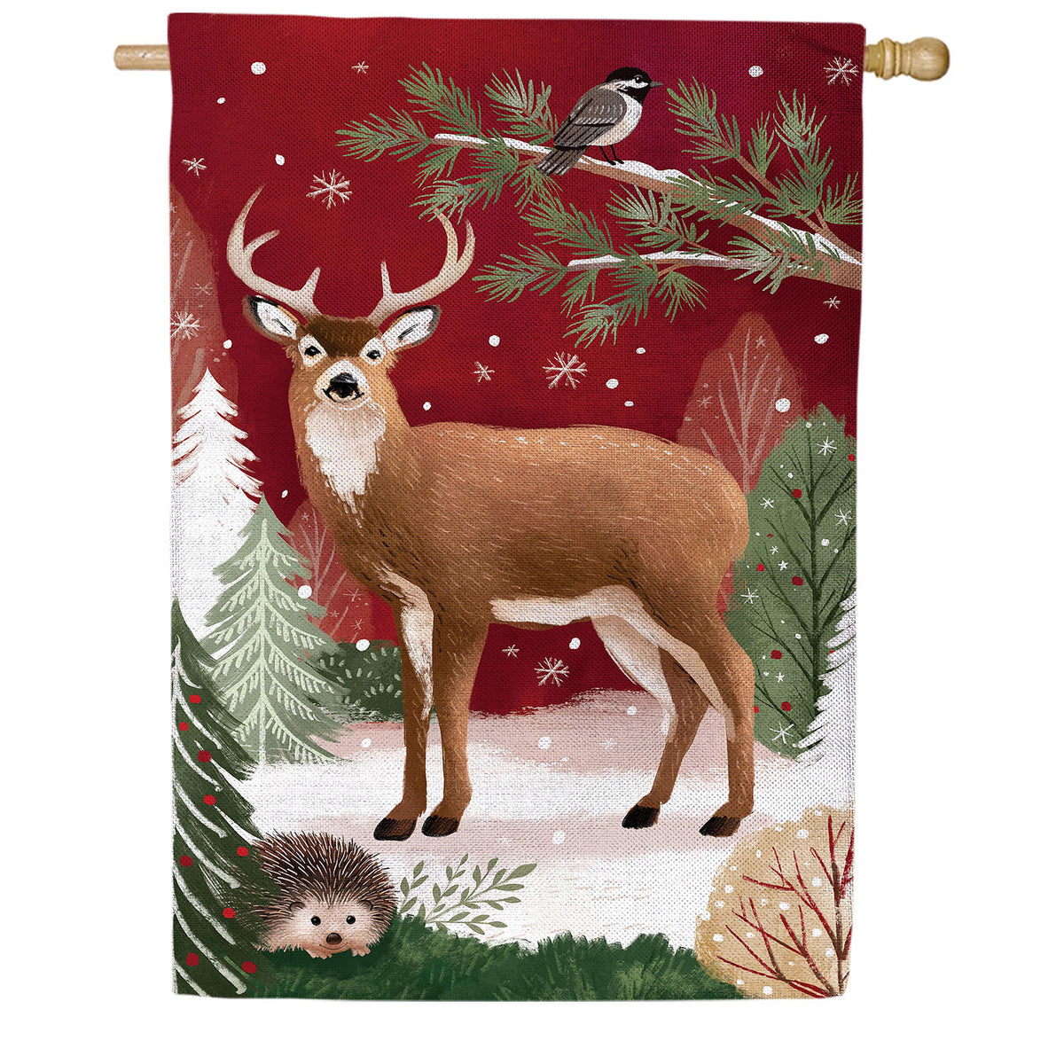 Evergreen Woodland Storybook Reindeer Burlap House Flag