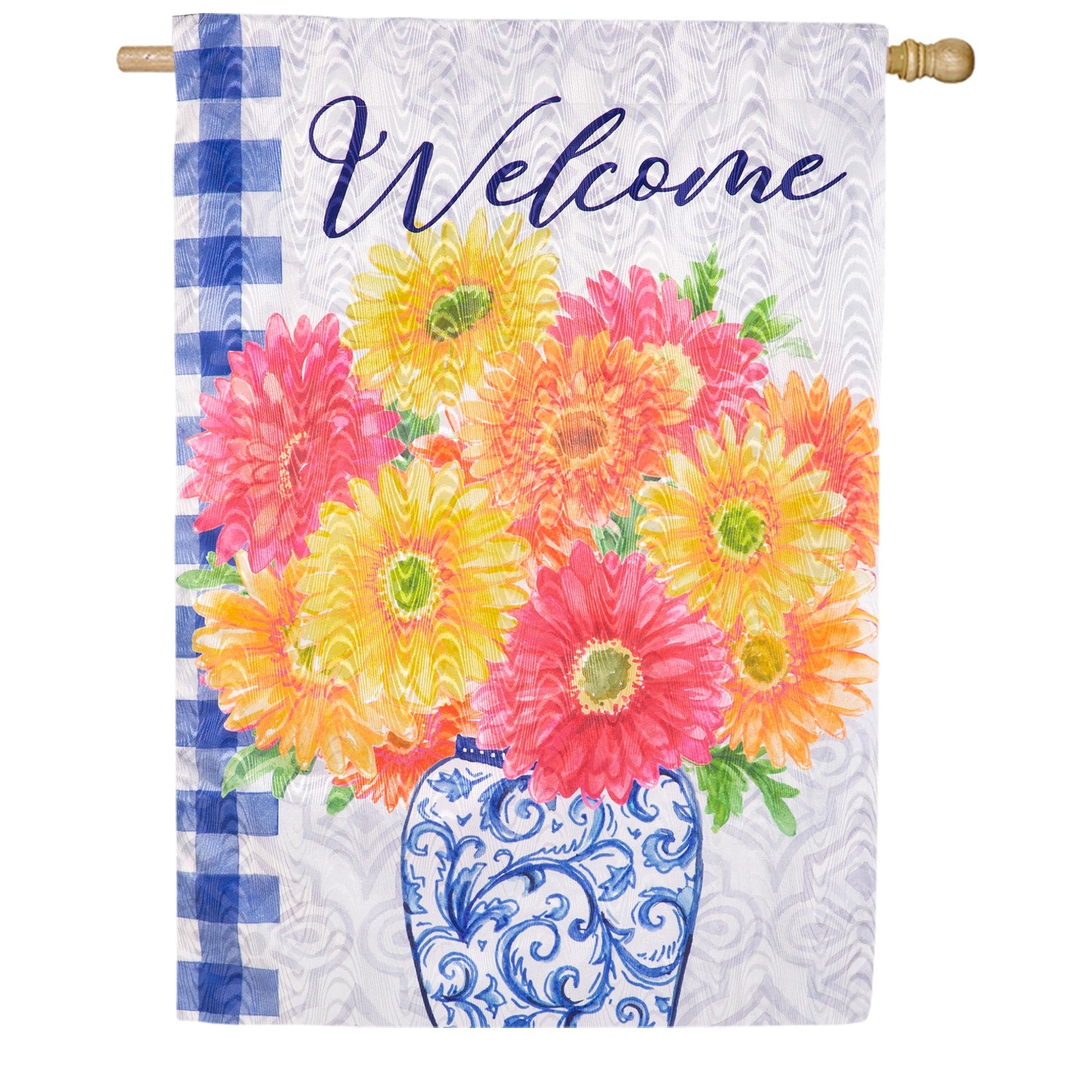 Evergreen Welcome Gerberas in Vase Moire House Flag