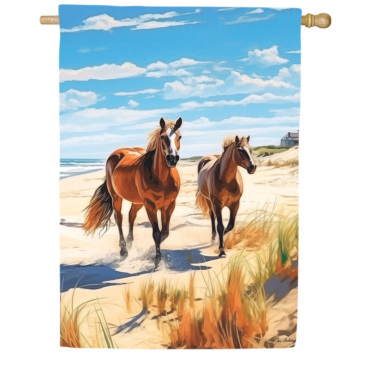 Horses on The Beach Double Sided Suede House Flag