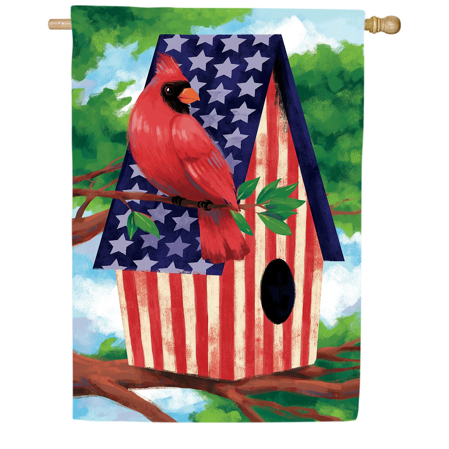 Patriotic Cardinal Birdhouse Double Sided Suede House Flag
