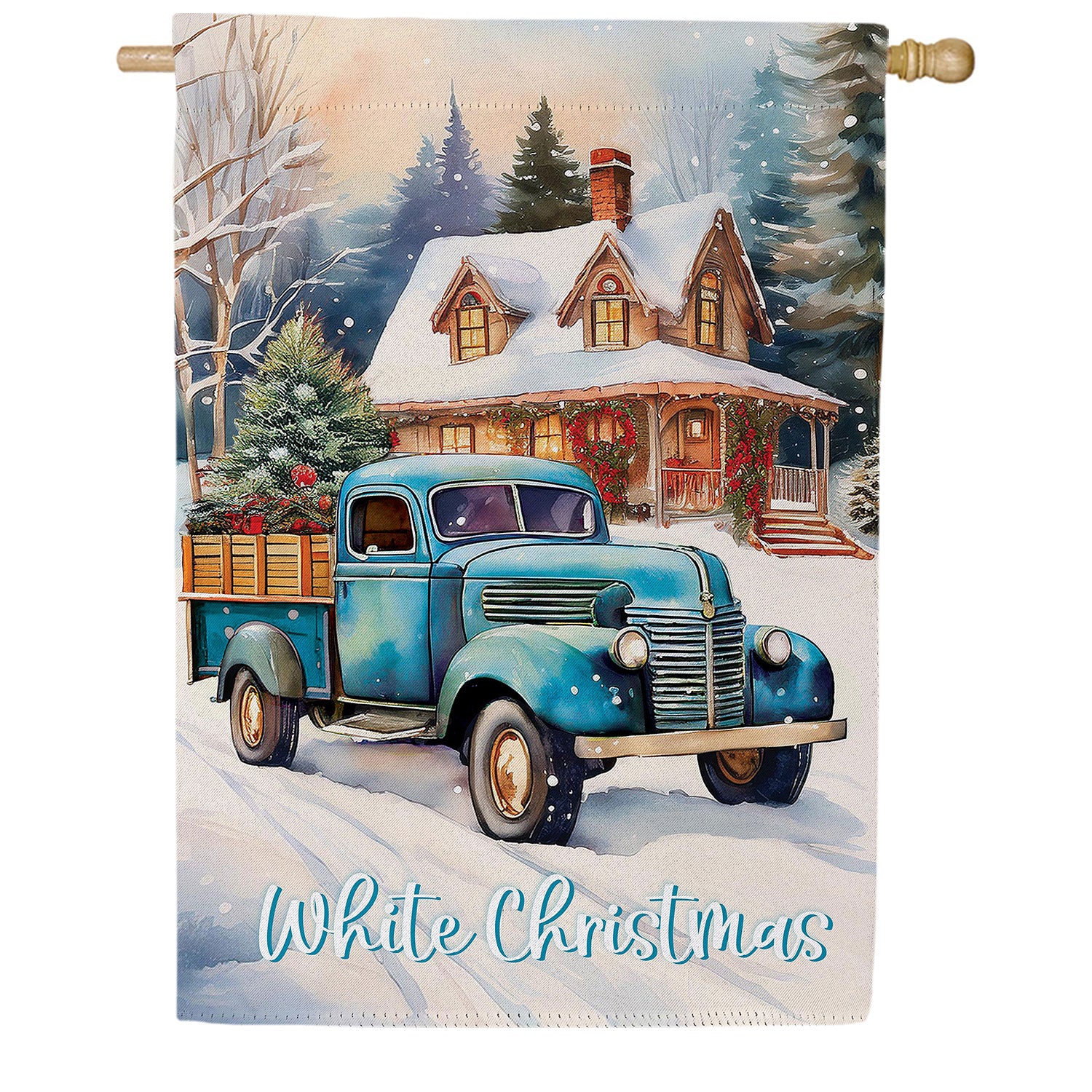 Holiday Blue Truck Double Sided Suede House Flag