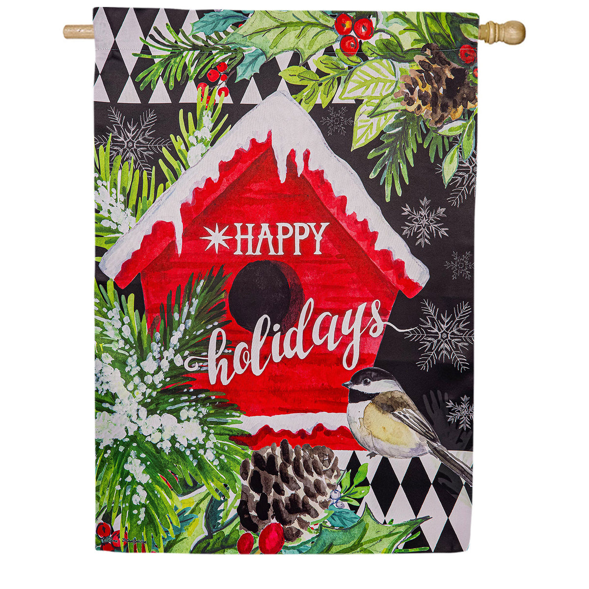 Floral Red Birdhouse Double Sided Suede House Flag