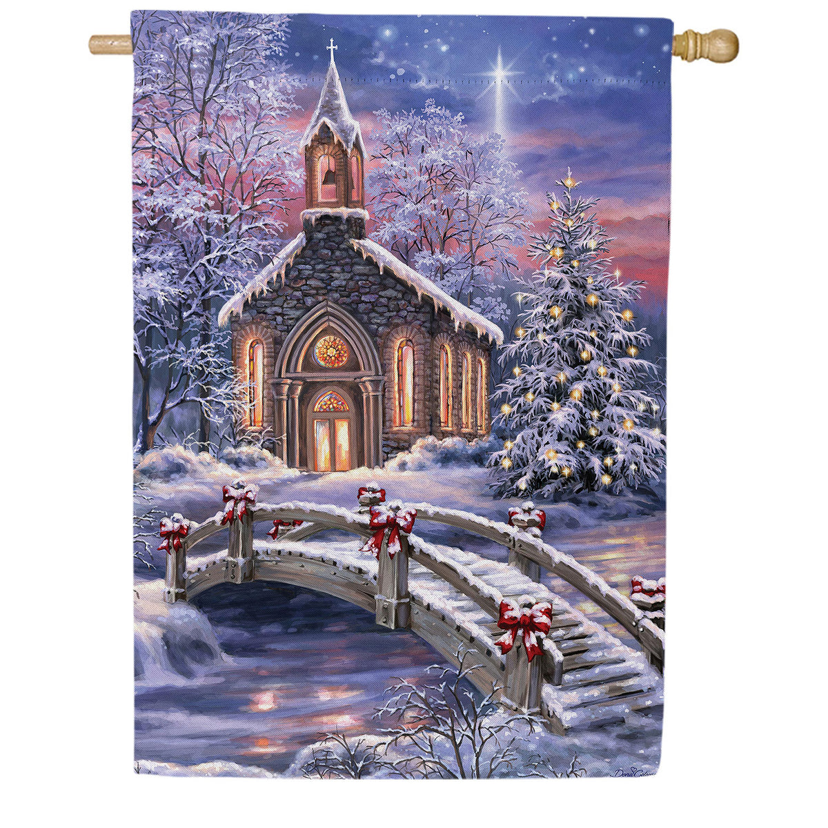 Vibrant Winter Church Double Sided Suede House Flag