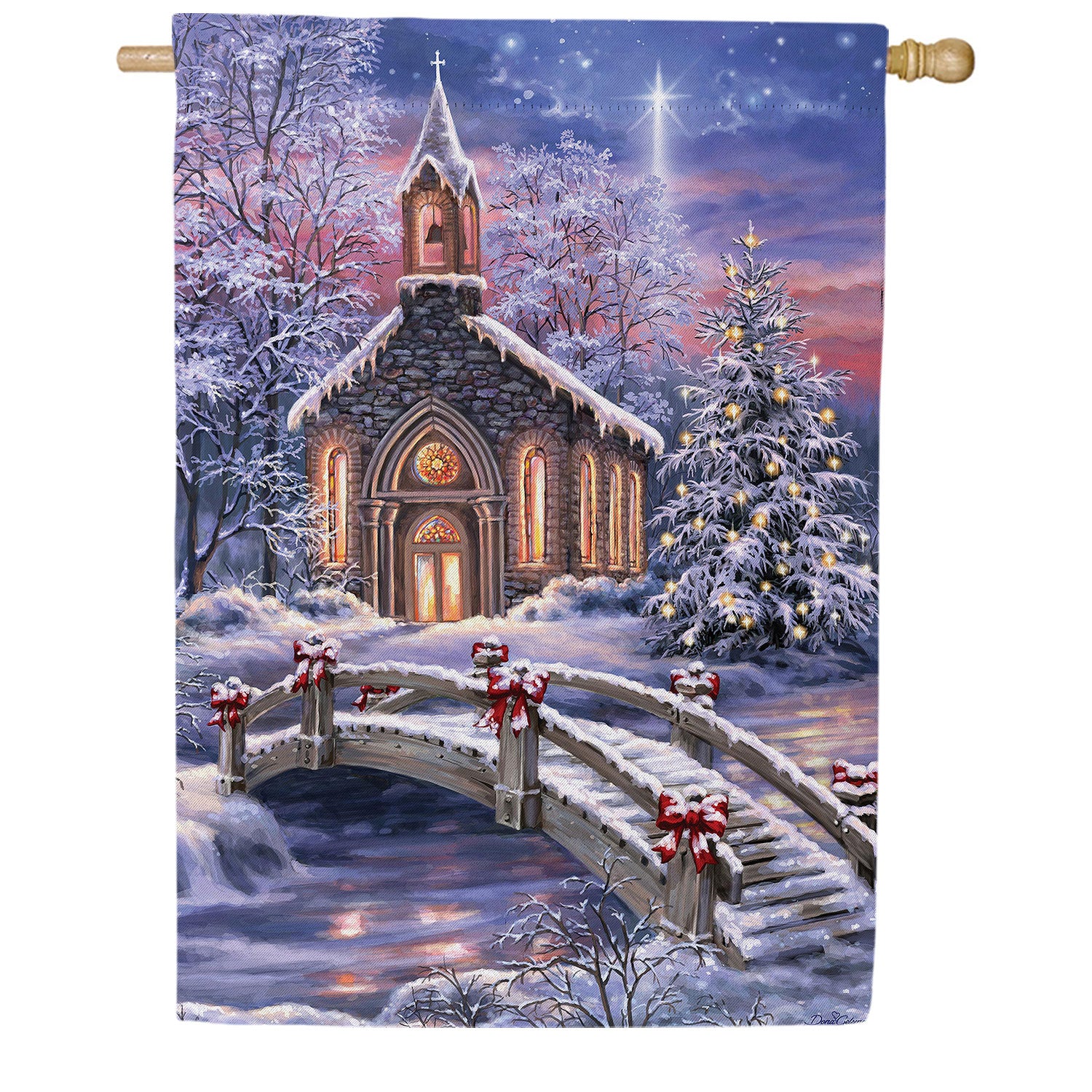Vibrant Winter Church Double Sided Suede House Flag