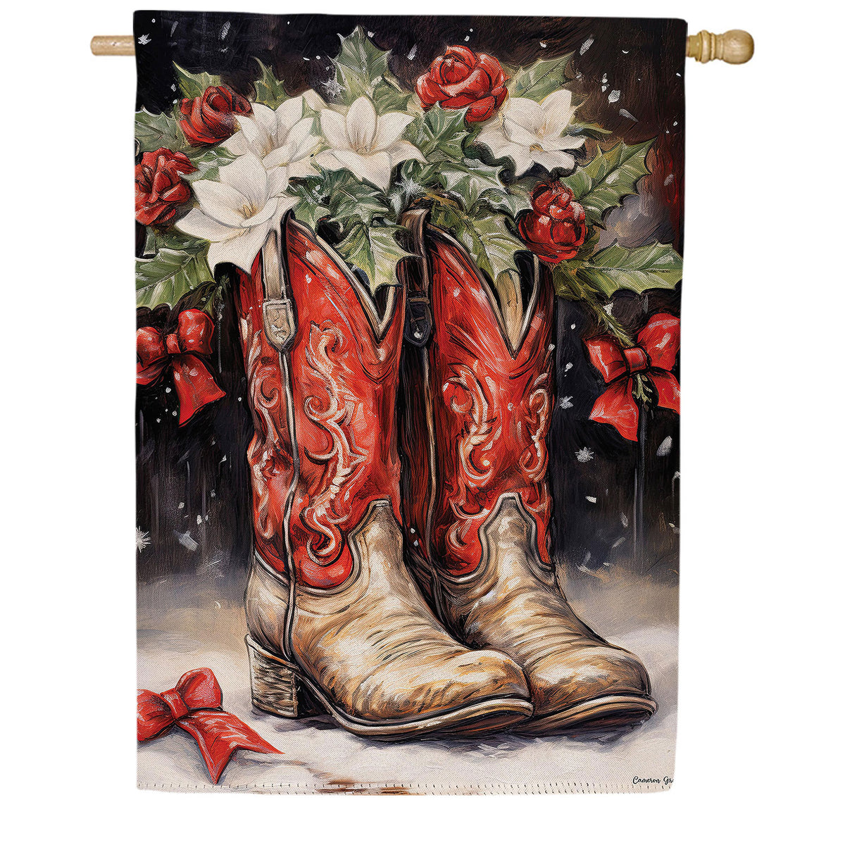 Evergreen Red Christmas Cowboy Boots Double Sided Suede House Flag