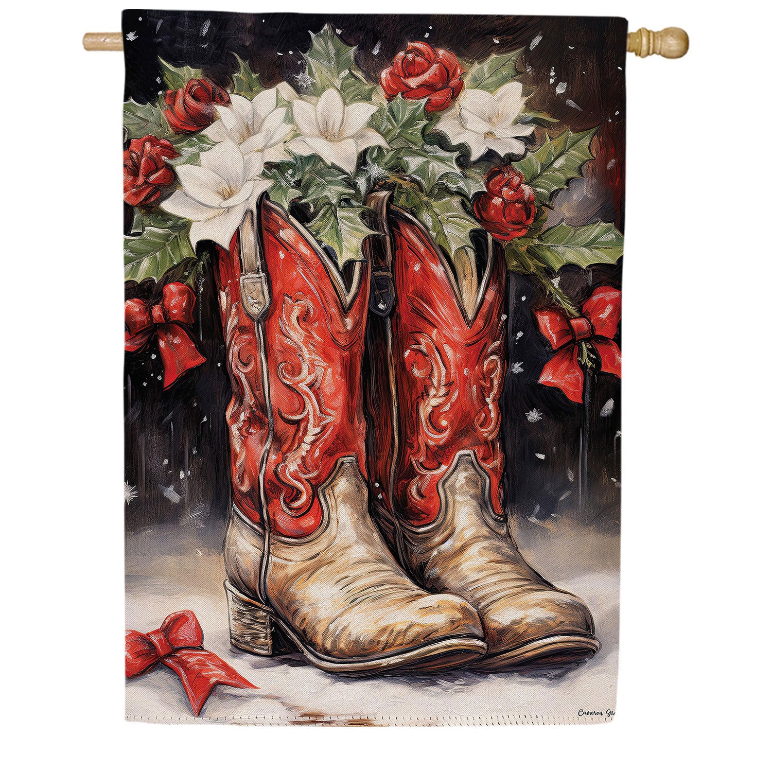 Evergreen Red Christmas Cowboy Boots Double Sided Suede House Flag