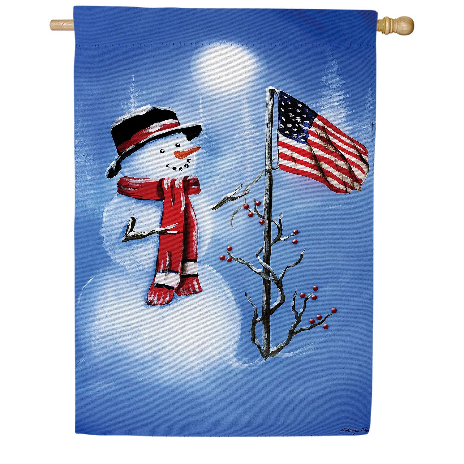 Evergreen Patriotic Snowman Double Sided Suede House Flag