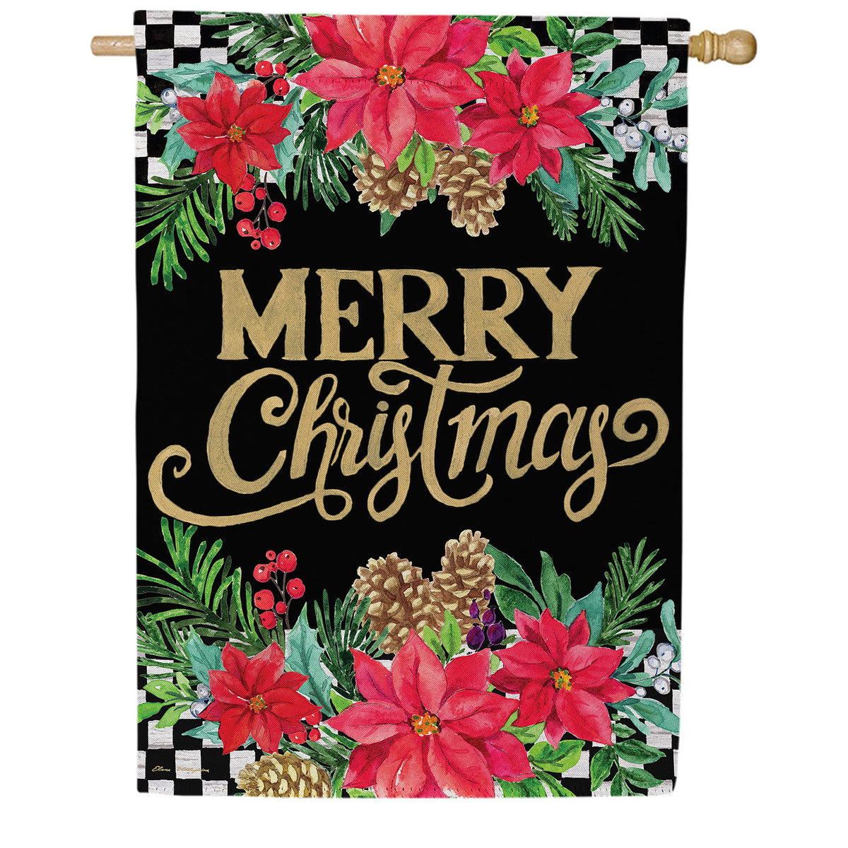 Floral Checkered Merry Christmas Double Sided Suede House Flag