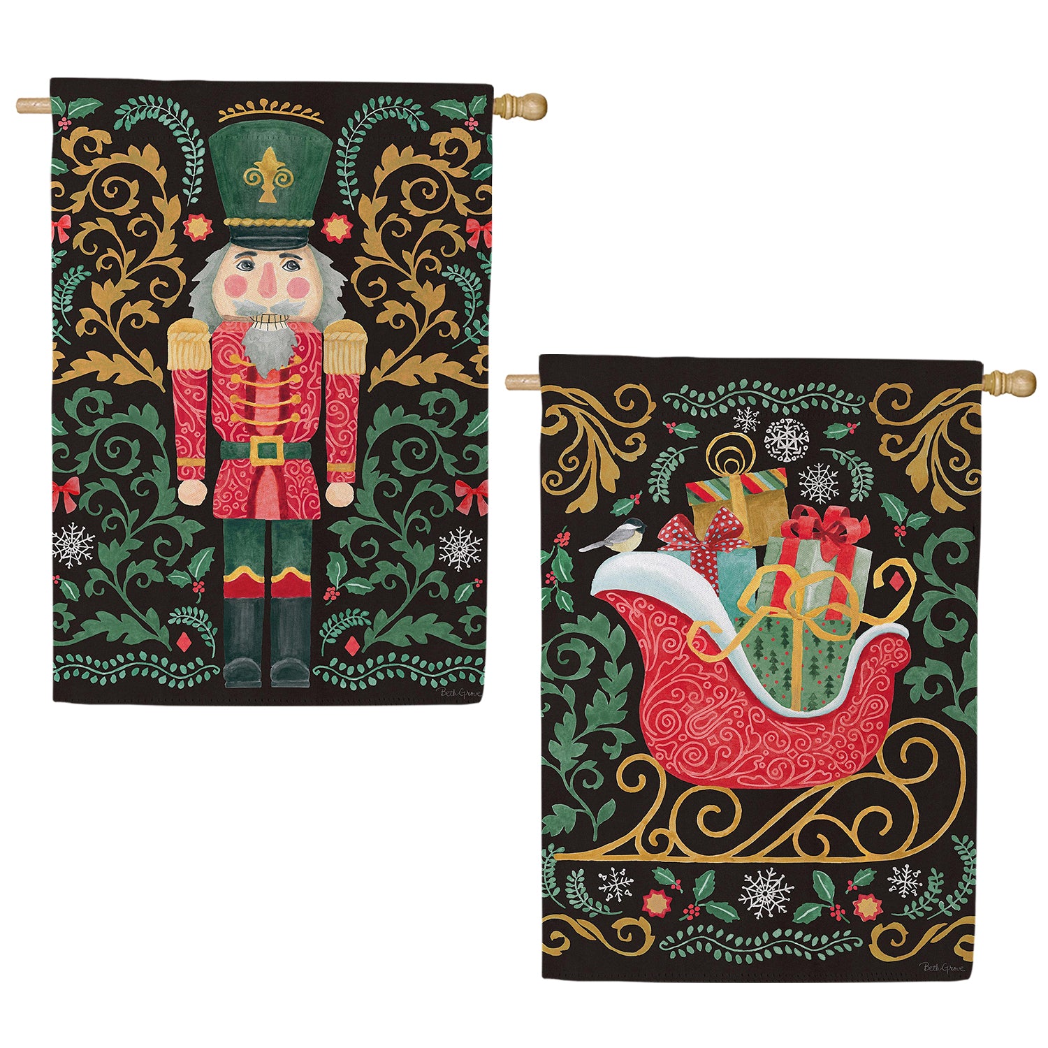 Evergreen Nutcracker & Sleigh Double Sided Suede House Flag