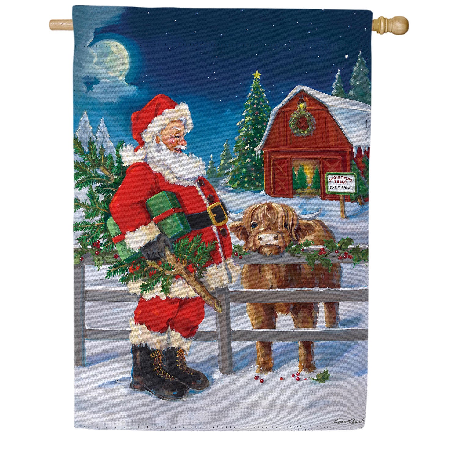 Evergreen Santa & Highland Cow Double Sided Suede House Flag