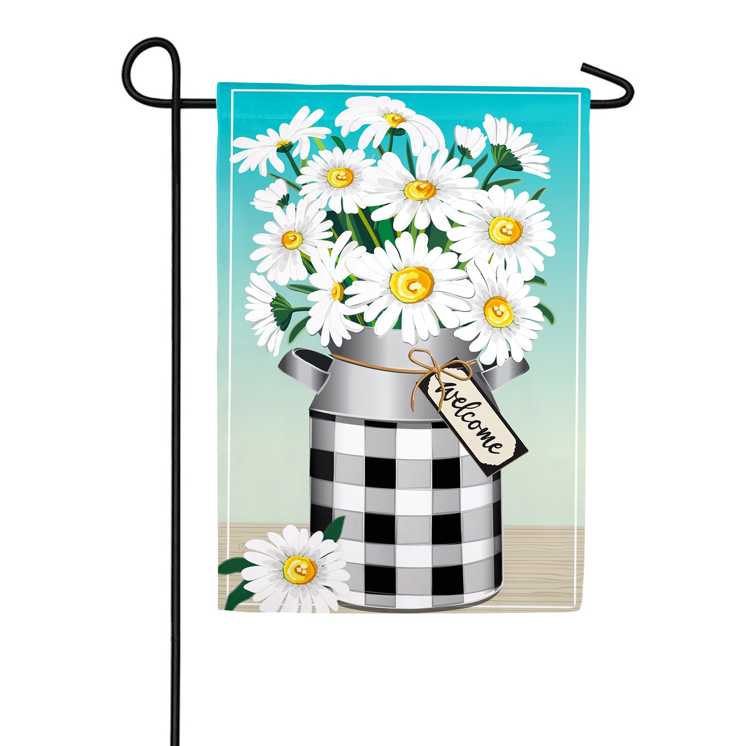 Evergreen Milk Can with Daisies Burlap Garden Flag