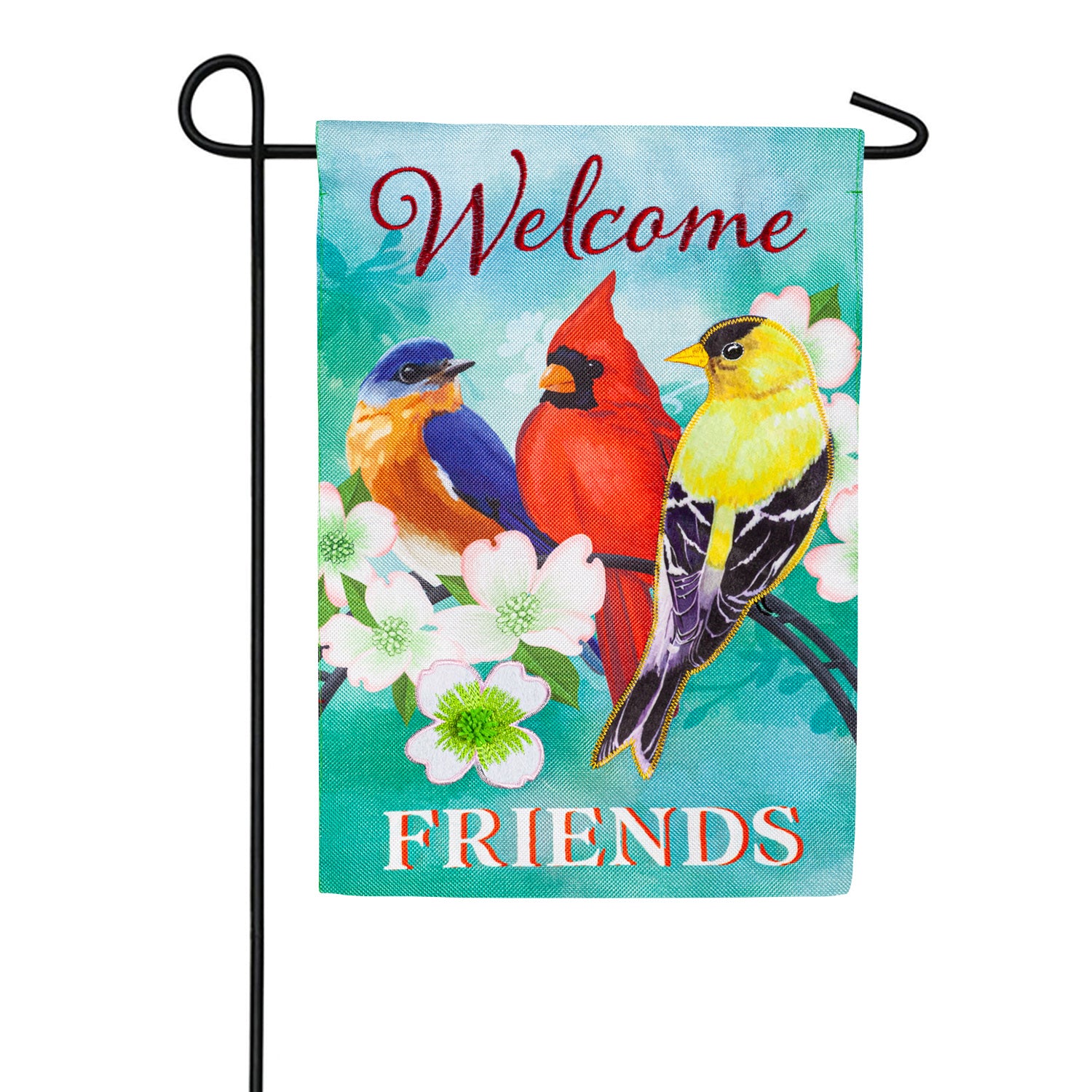 Evergreen Welcome Friends Songbirds Burlap Garden Flag