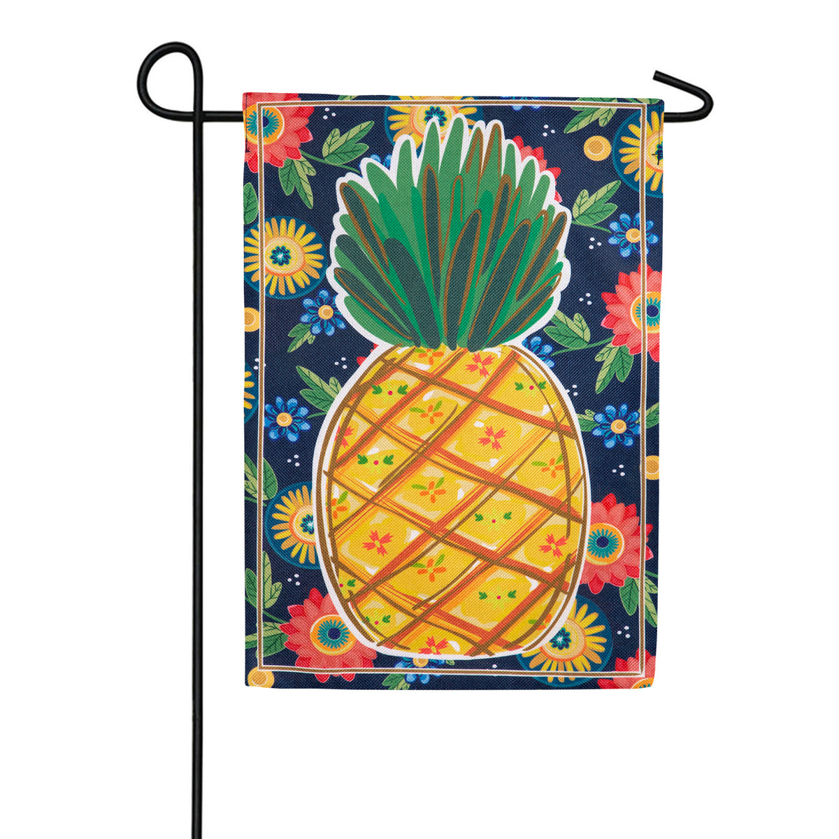 Evergreen Pineapple and Florals Burlap Garden Flag