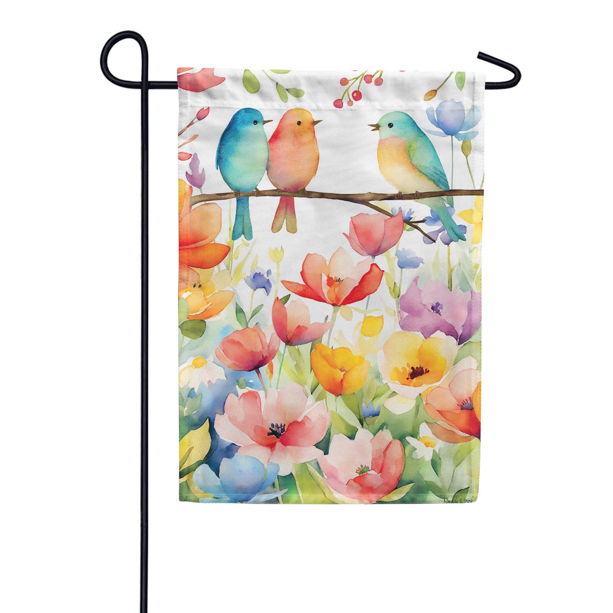 Evergreen Bird Talk Burlap Garden Flag