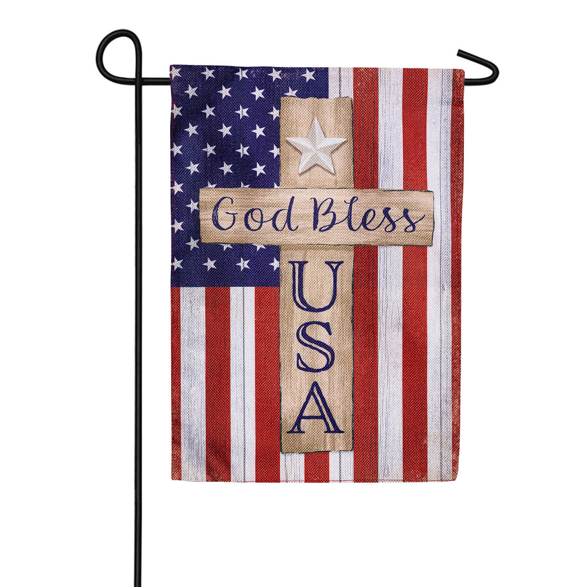 God Bless USA Cross Burlap Garden Flag