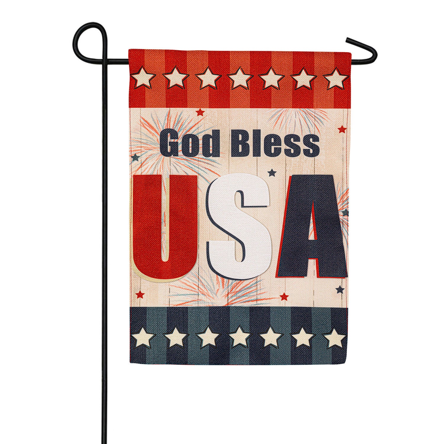 God Bless USA Fireworks Burlap Garden Flag