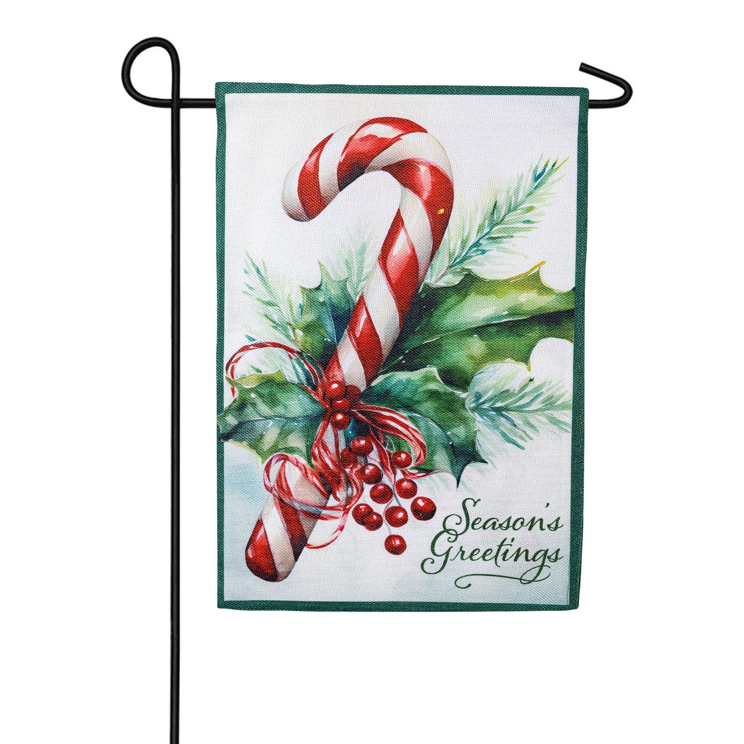 Season's Greetings Candy Cane Burlap Garden Flag