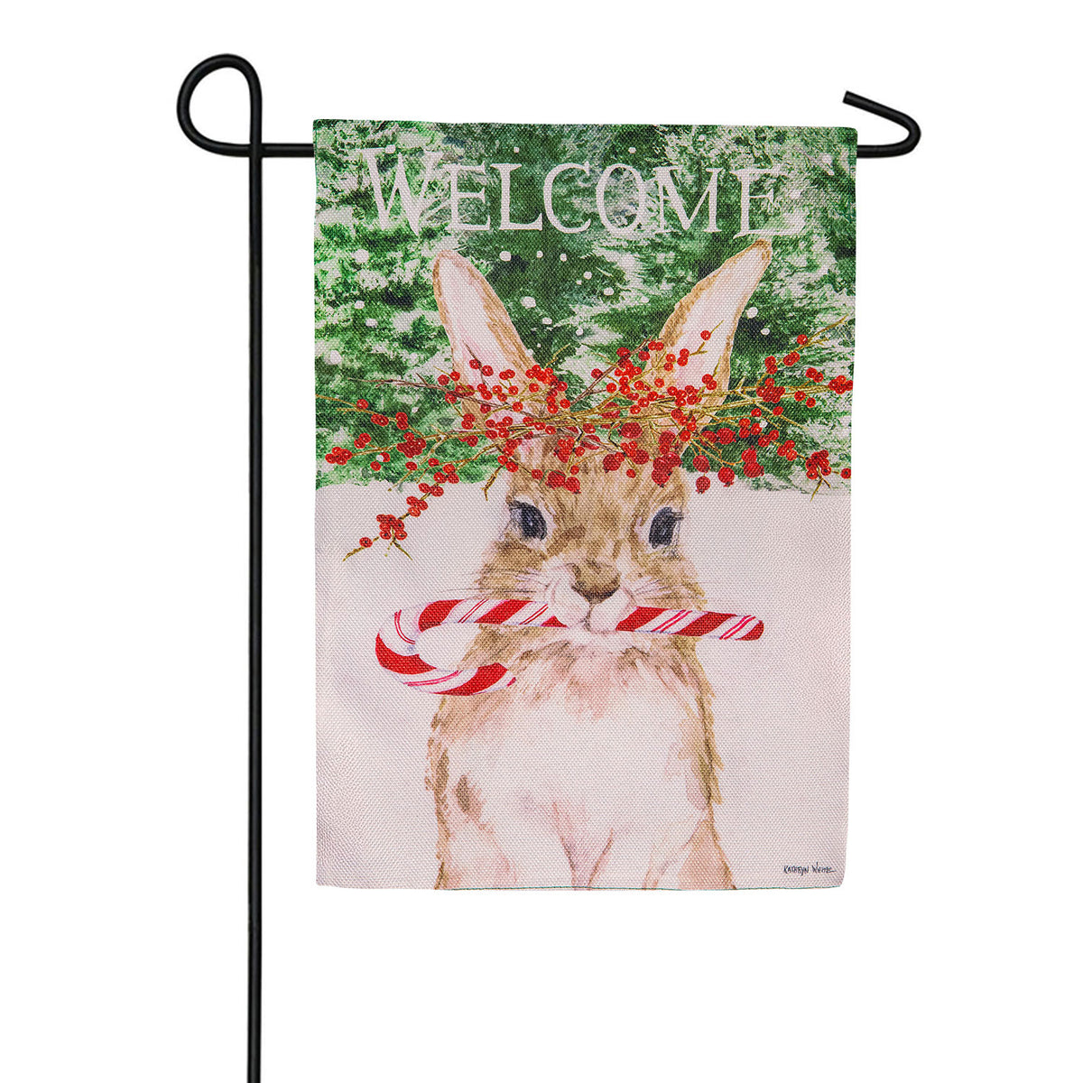 Candy Cane Rabbit Burlap Garden Flag