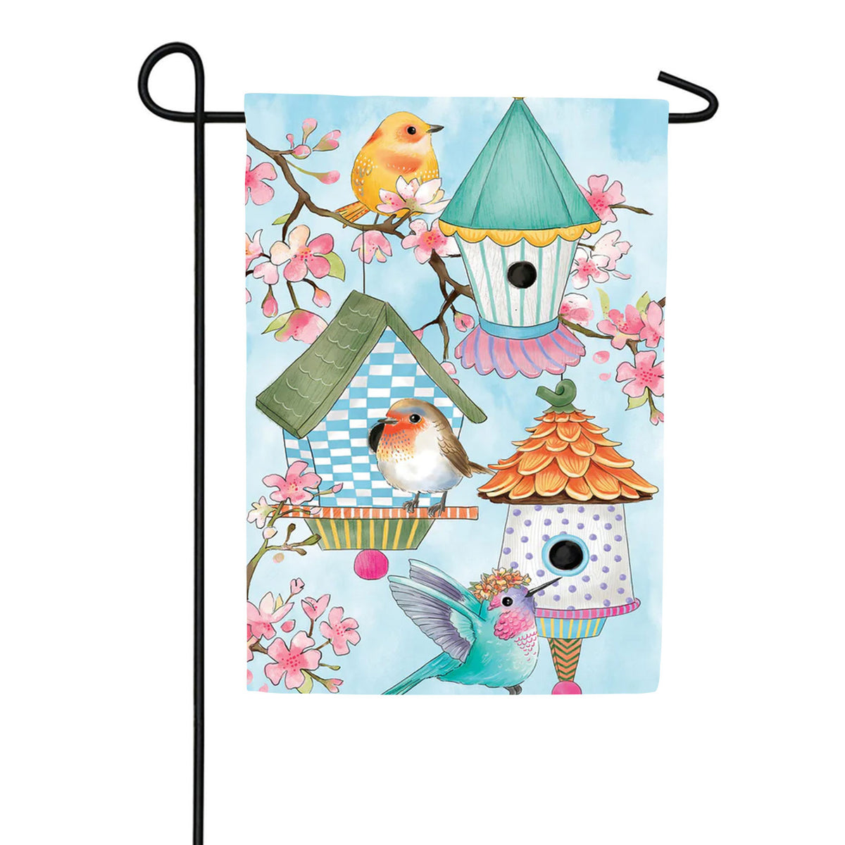 Birdhouse & Birds on Cherry Blossoms Linen Garden Flag