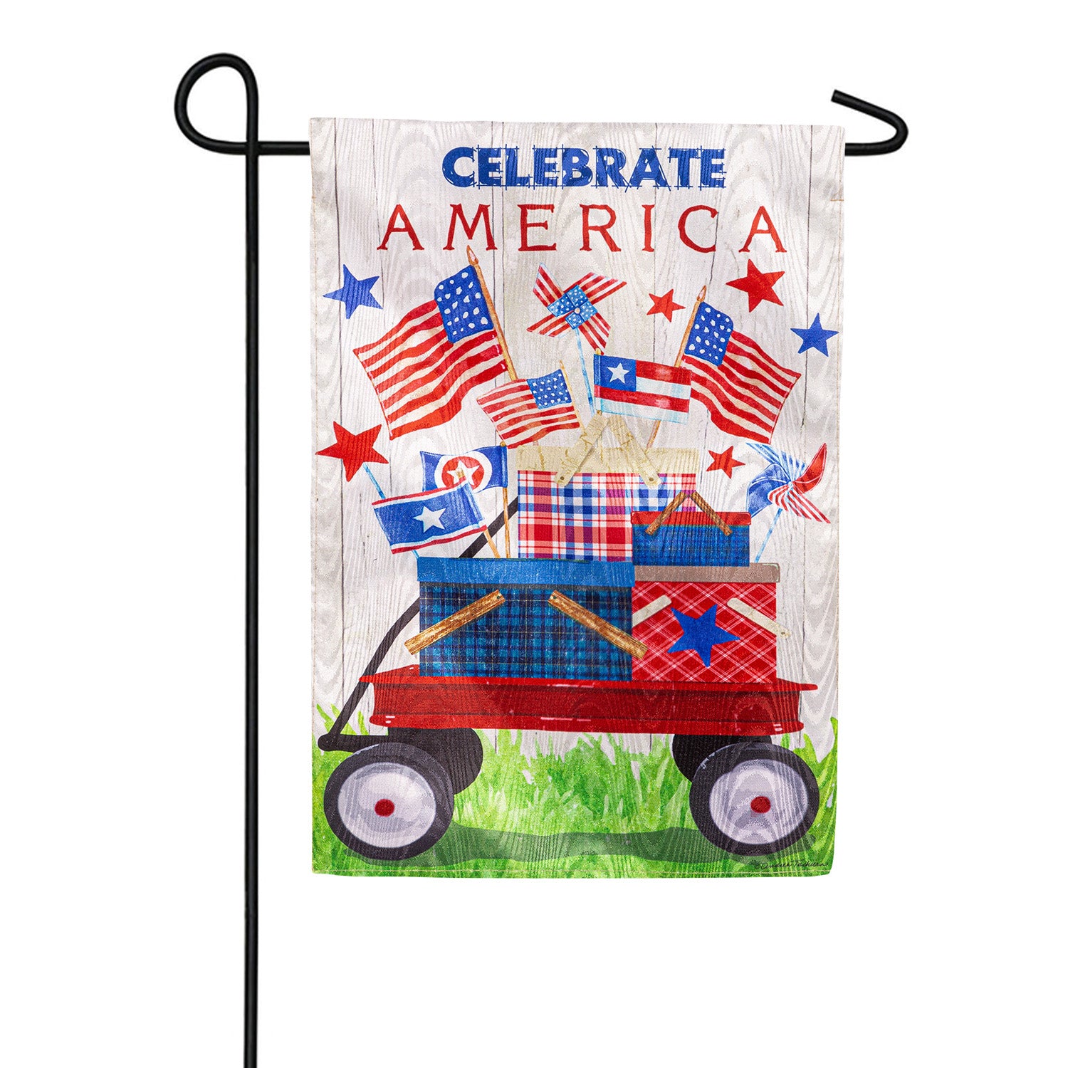 Evergreen Vintage Patriotic Wagon Moire Garden Flag