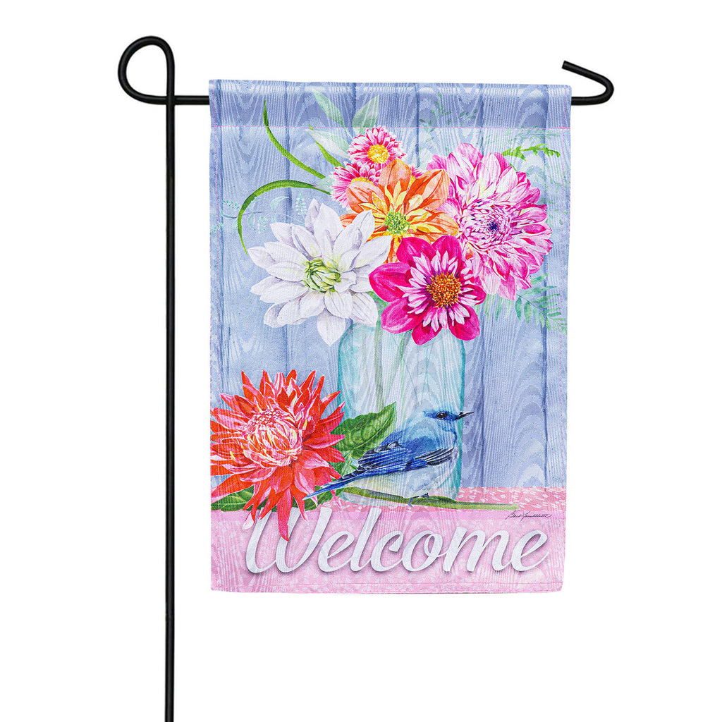 Moire Welcome Dahlias and Bluebird Double Sided Garden Flag