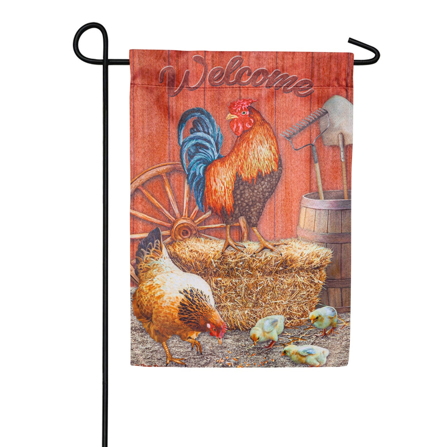 Evergreen Chicken in Barn Suede Garden Flag