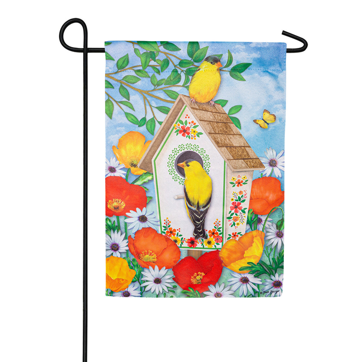 Evergreen Yellow Finches Suede Garden Flag