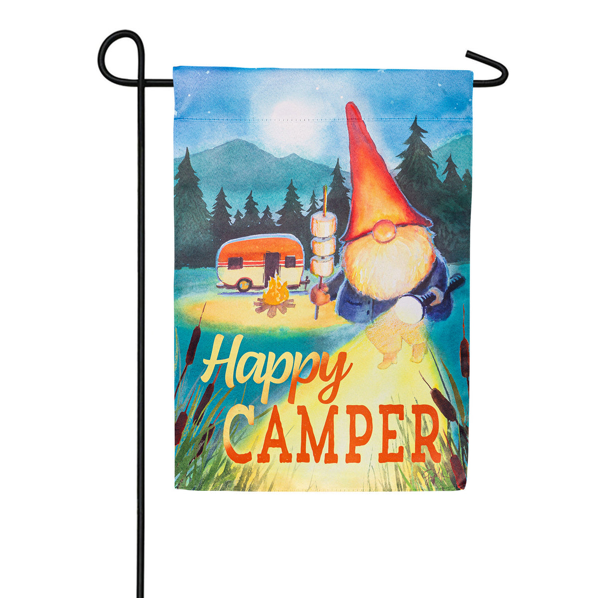 Evergreen Gnome Happy Camper Burlap Garden Flag