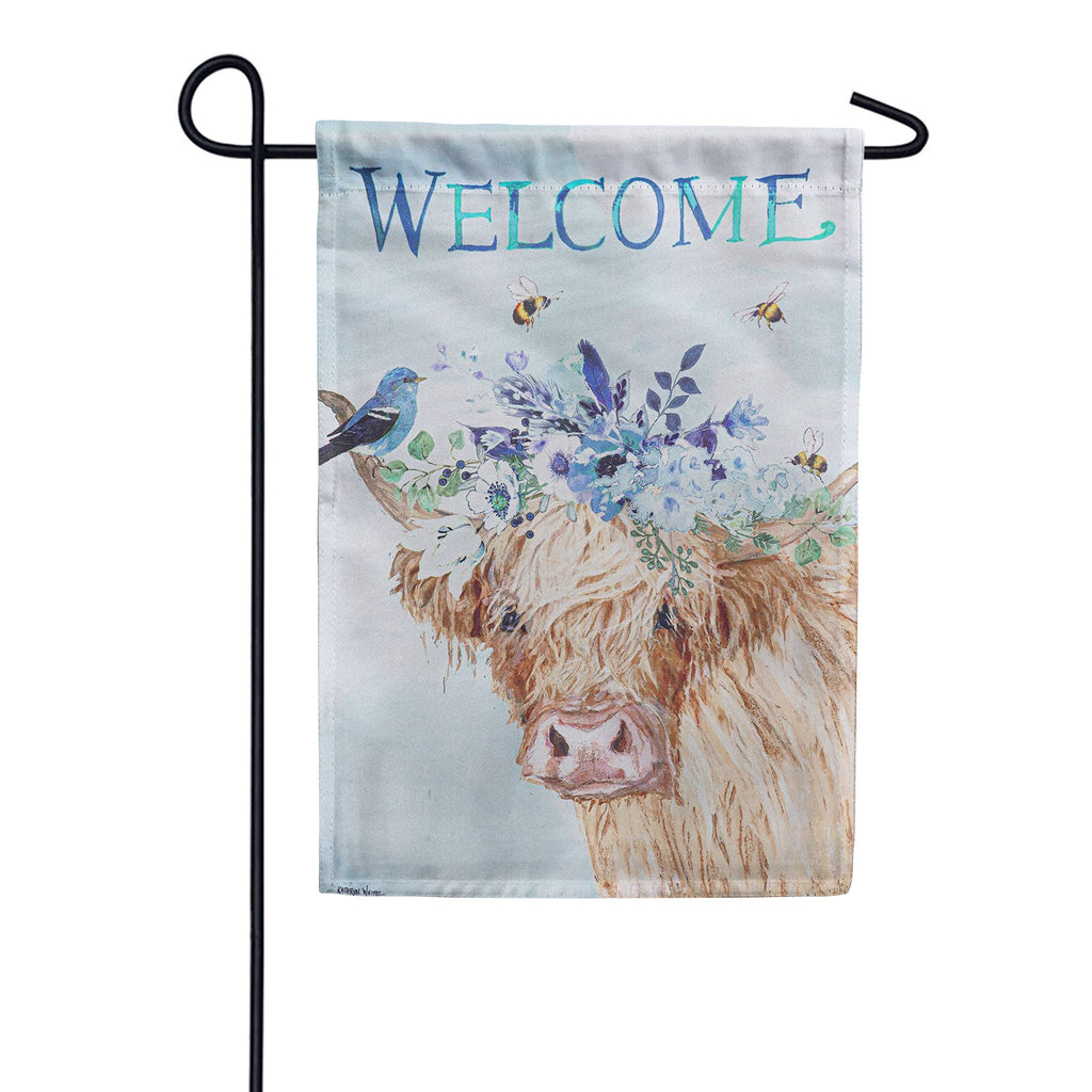 Evergreen Floral Crown Highland Cow Welcome Double Sided Garden Flag