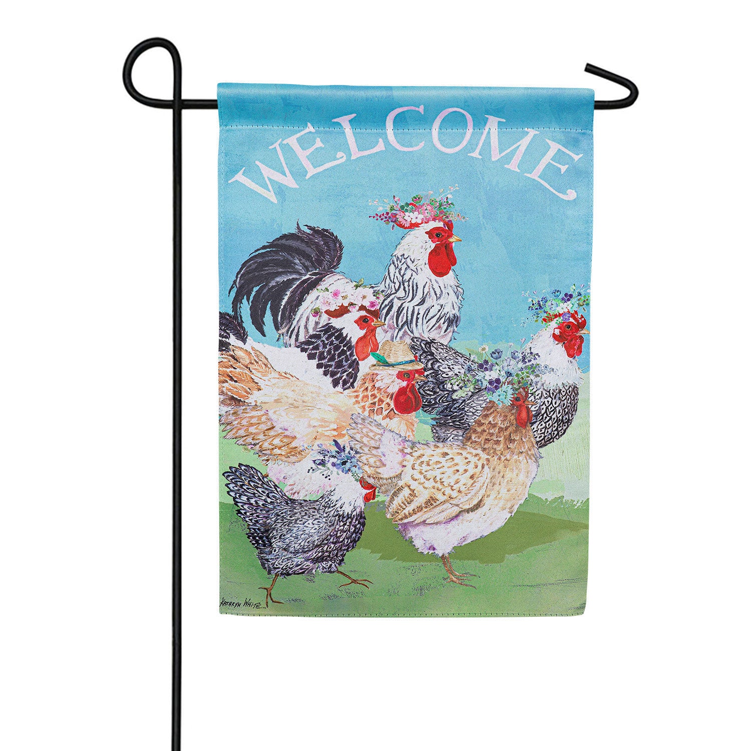 Floral Chickens Double Sided Garden Flag