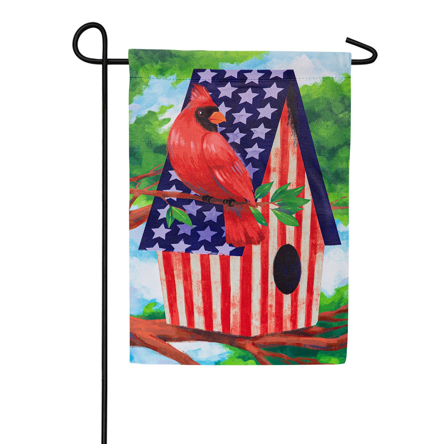 Patriotic Cardinal Birdhouse Double Sided Suede Garden Flag