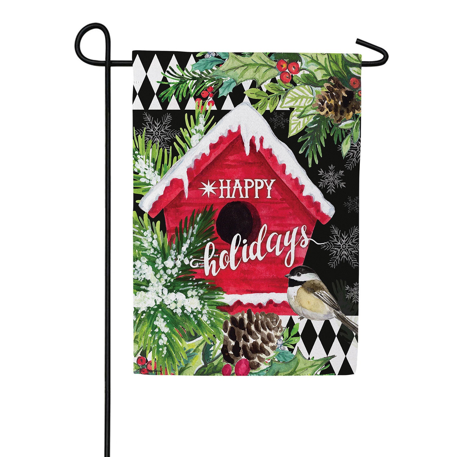 Evergreen Floral Red Birdhouse Suede Garden Flag