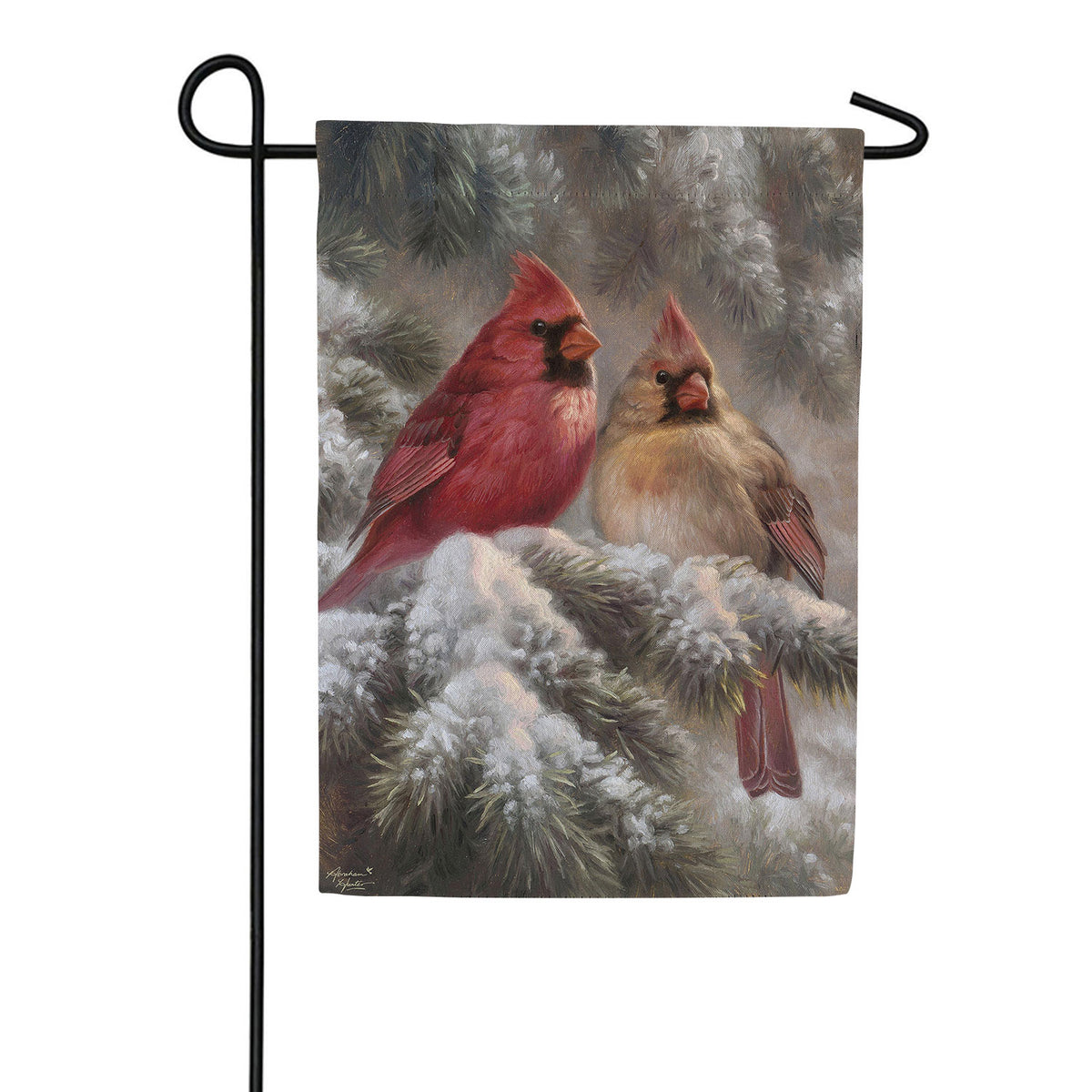 Evergreen Frosted Cardinals Suede Garden Flag