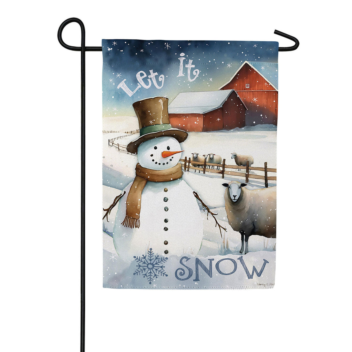 Evergreen Winter Farm Snowman Suede Garden Flag
