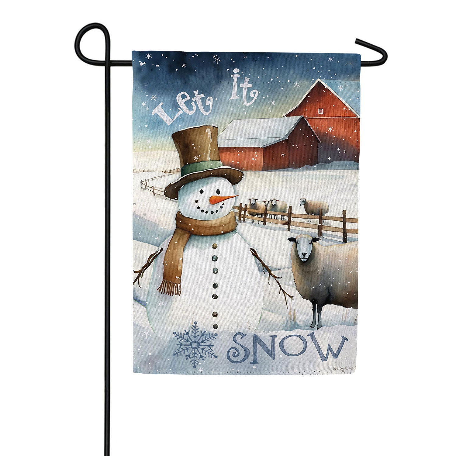 Evergreen Winter Farm Snowman Suede Garden Flag
