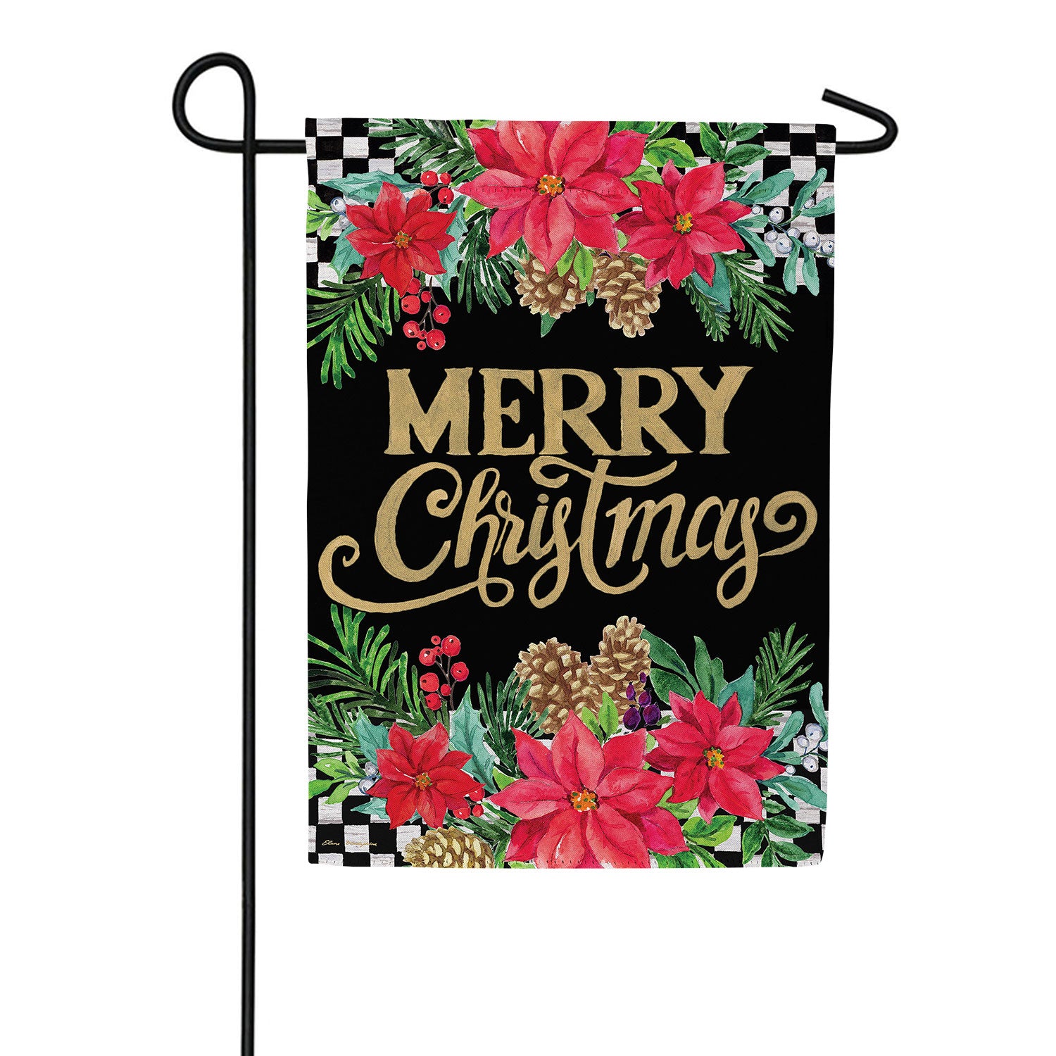 Evergreen Floral Checkered Merry Christmas Suede Garden Flag