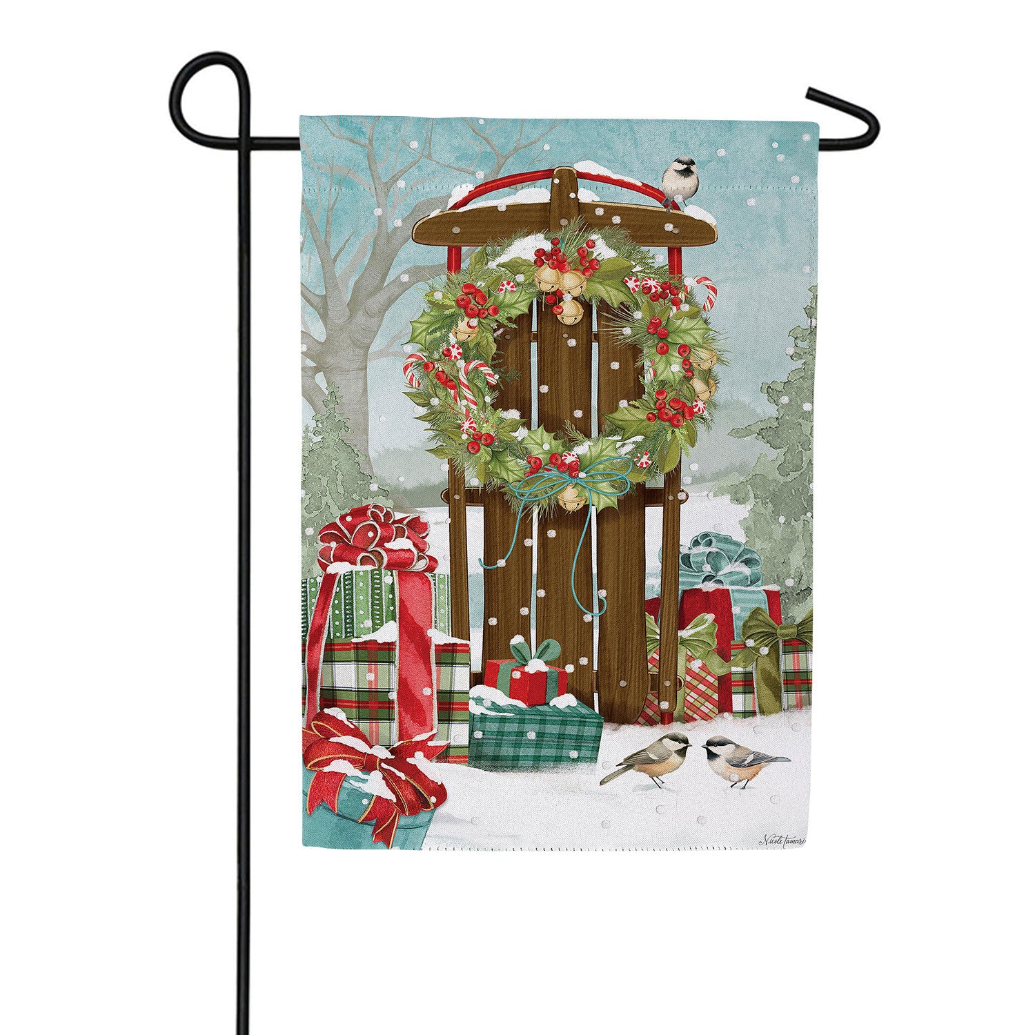 Evergreen Christmas Sled Suede Garden Flag