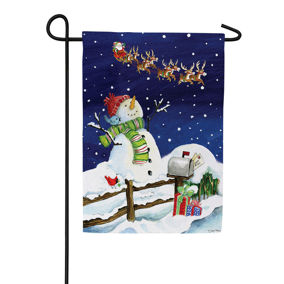 Evergreen Santa & Snowman Suede Garden Flag