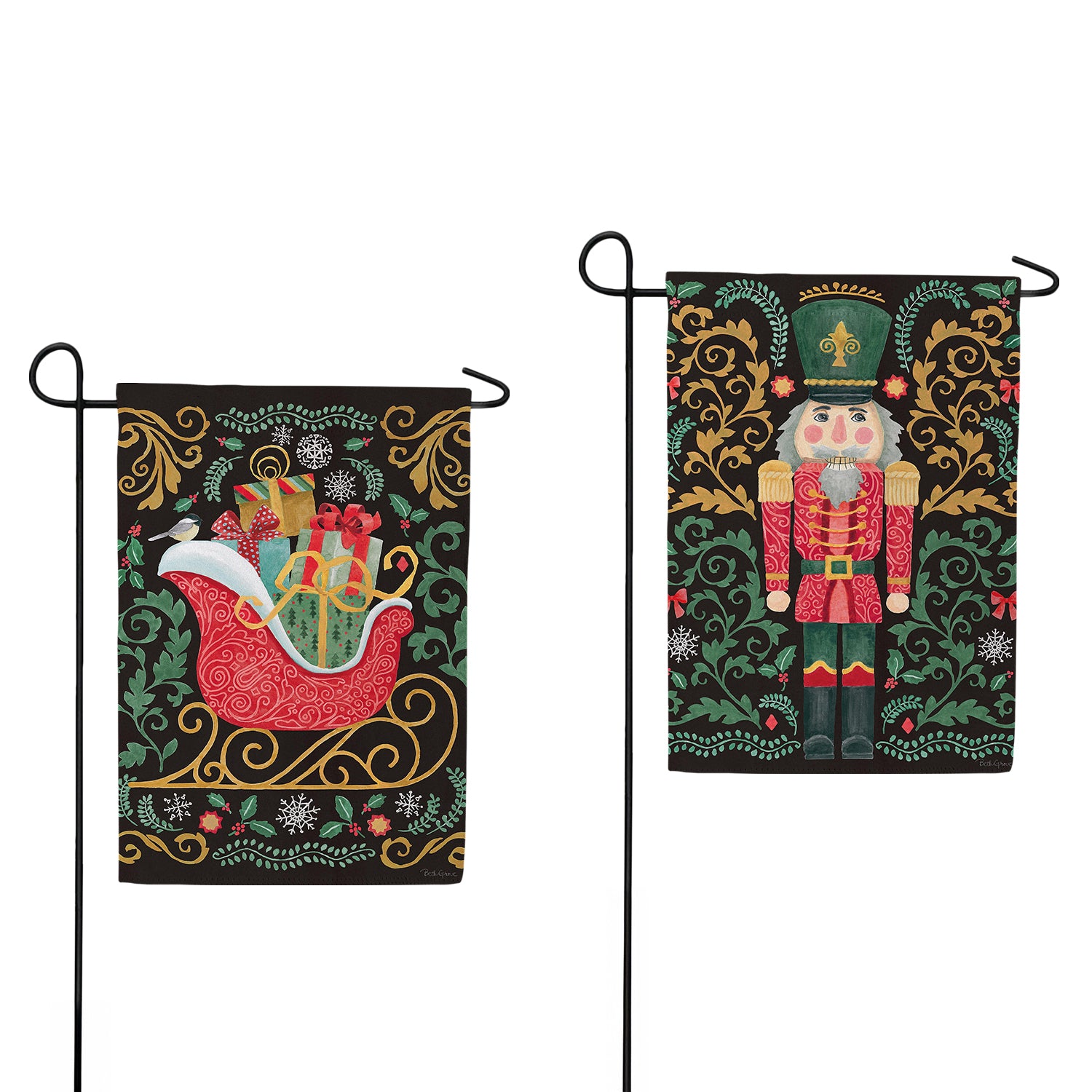 Evergreen Nutcracker & Sleigh Suede Garden Flag
