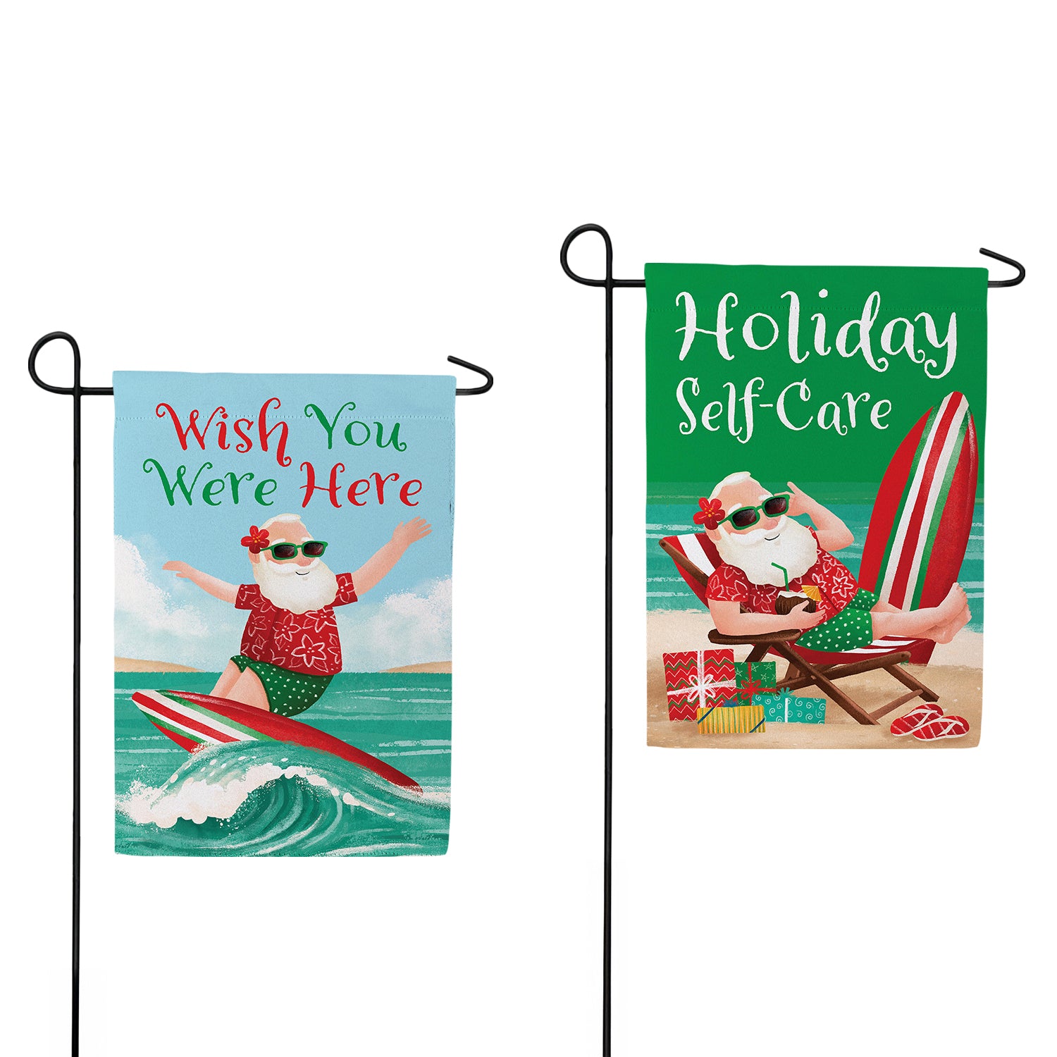 Evergreen Surfing Santa Reversible Suede Garden Flag