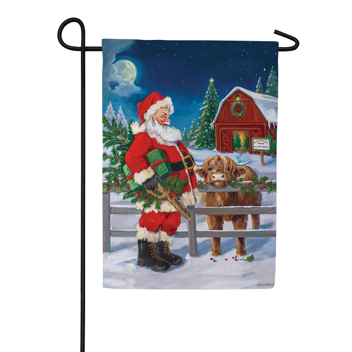 Evergreen Santa & Highland Cow Suede Garden Flag