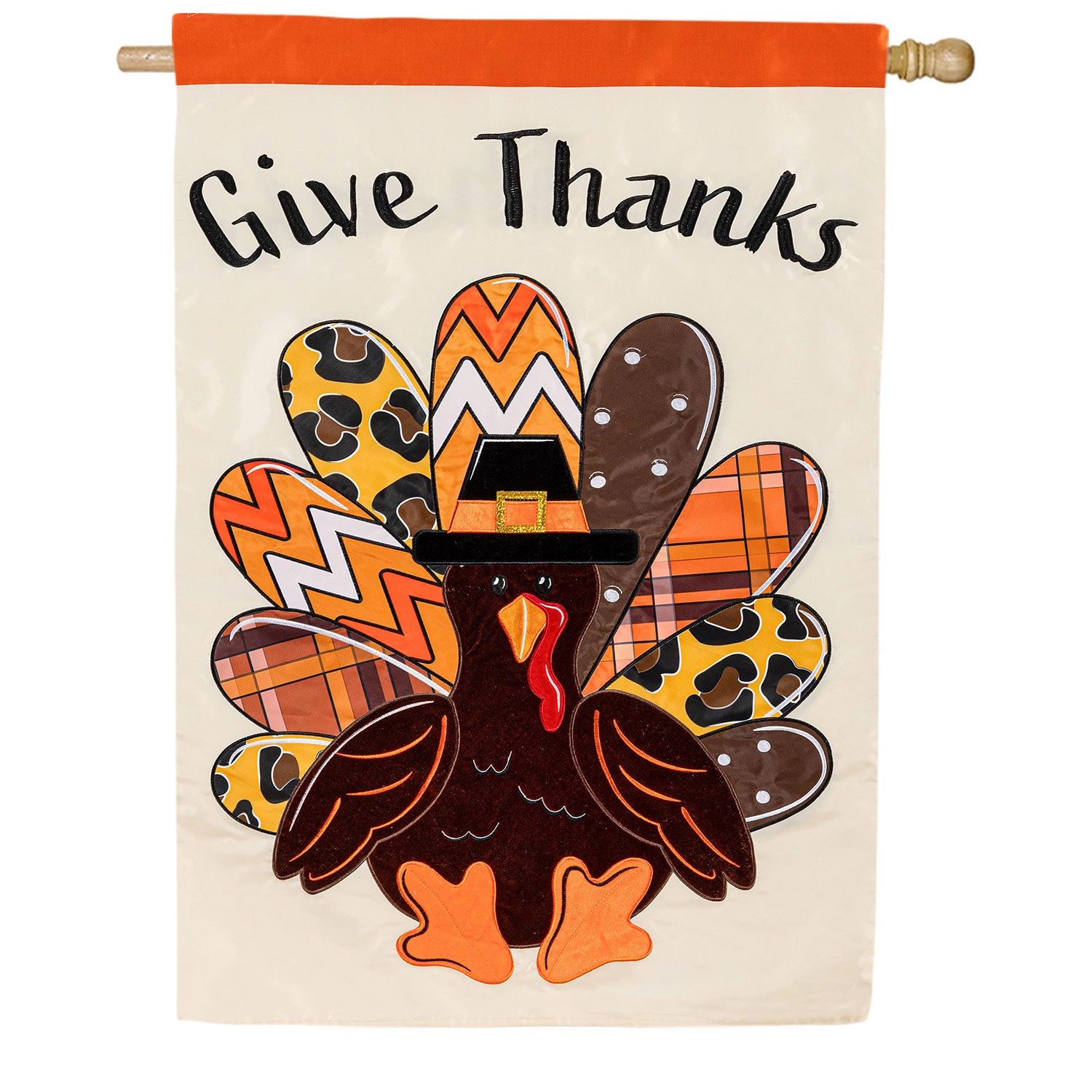 Evergreen Give Thanks Patterned Turkey Applique House Flag