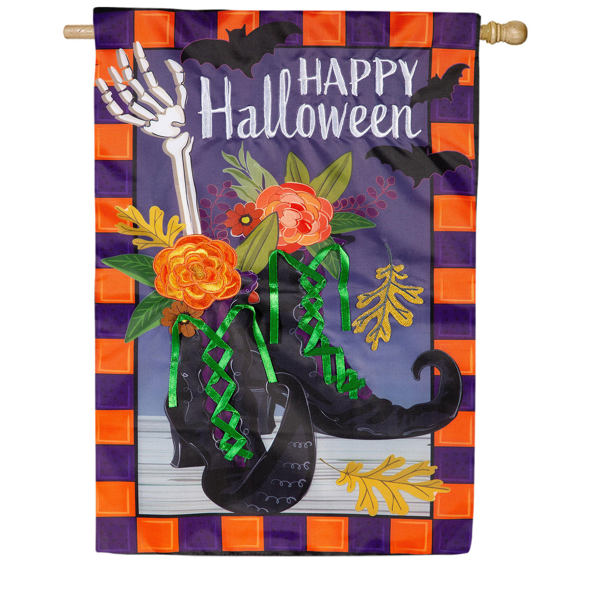 Evergreen Happy Halloween Witches Boots Applique House Flag