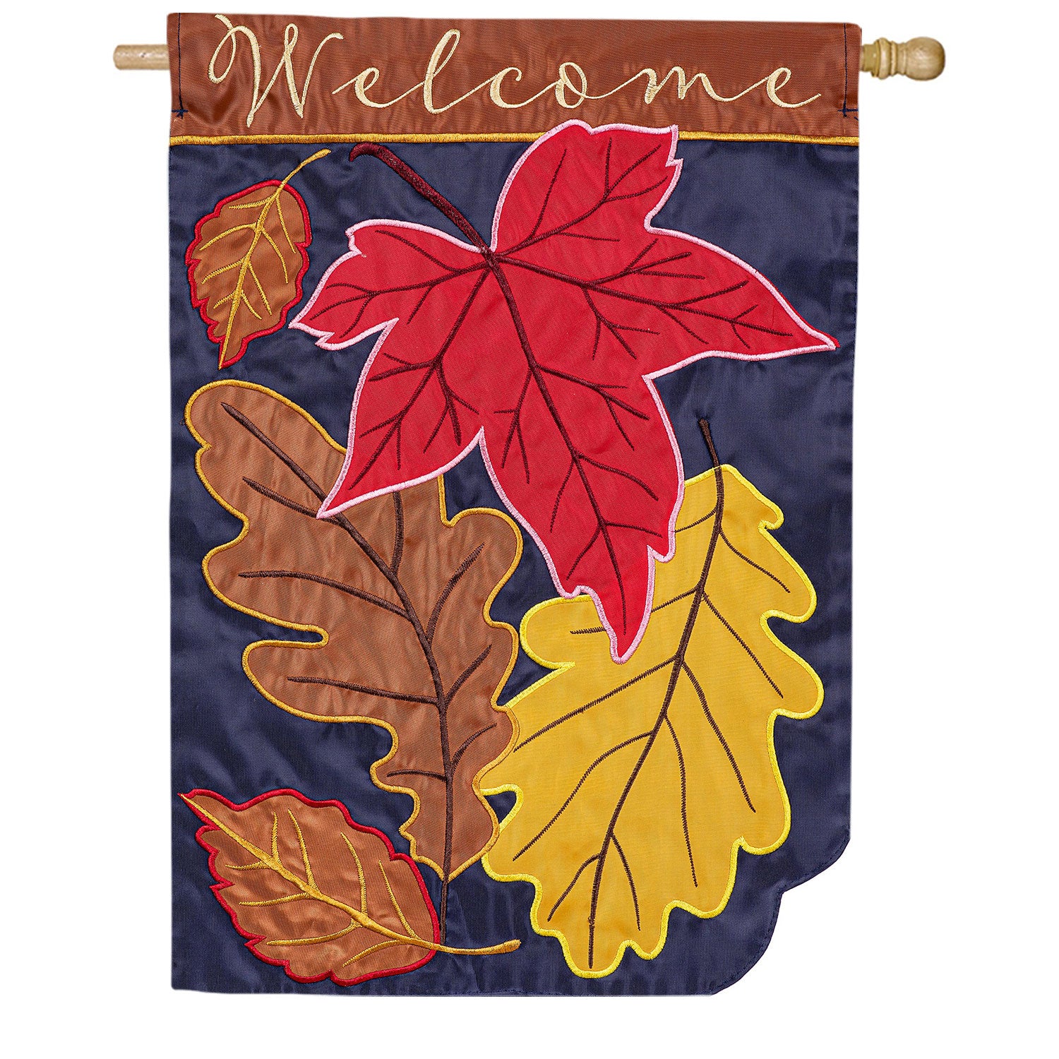Evergreen Fall Leaves On Navy Applique House Flag