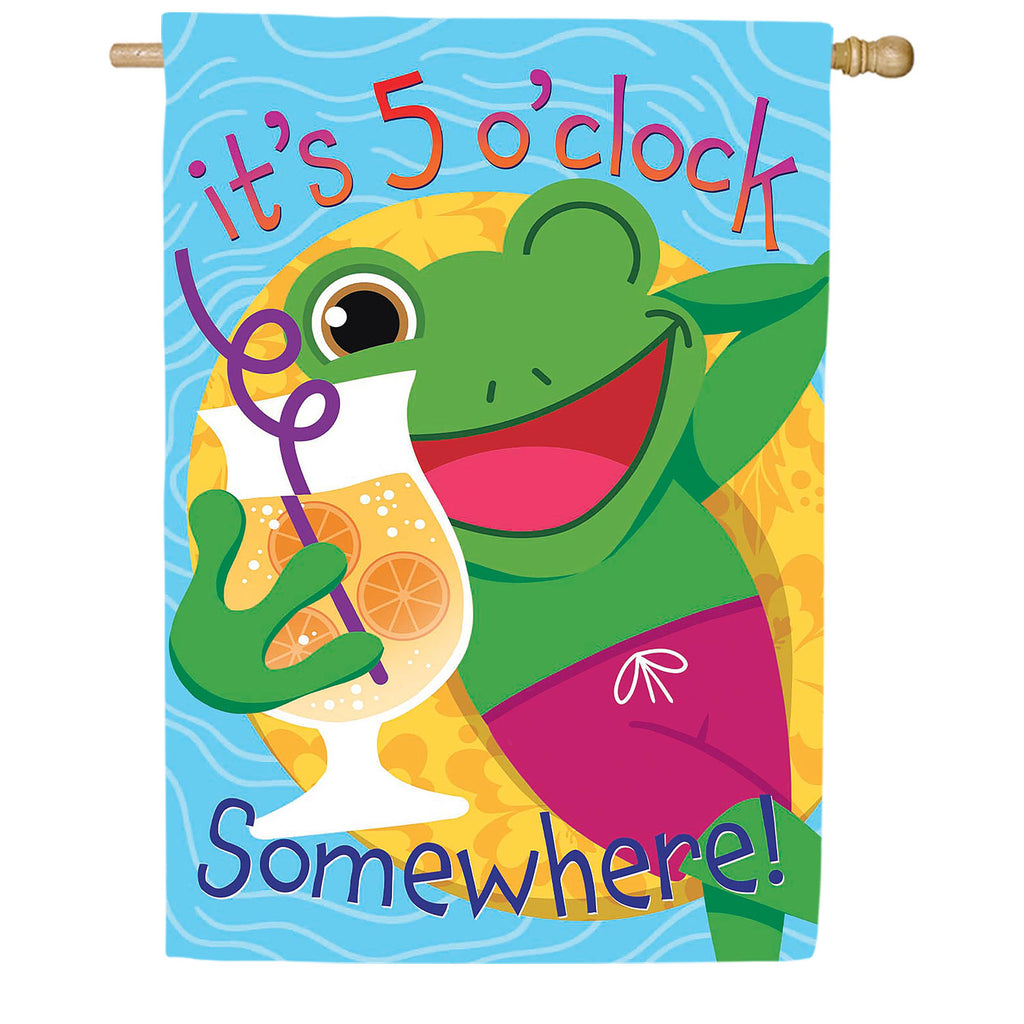 Evergreen Applique House Flag - 5 o Clock Frog