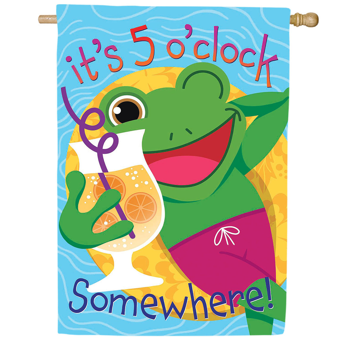 Evergreen Applique House Flag - 5 o Clock Frog