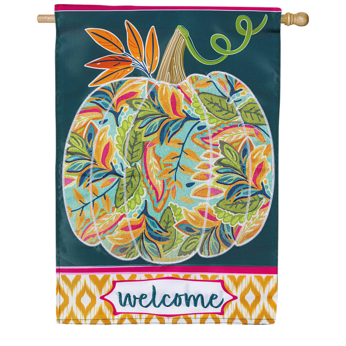 Evergreen Applique House Flag - Patterned Jacobean Floral Pumpkin